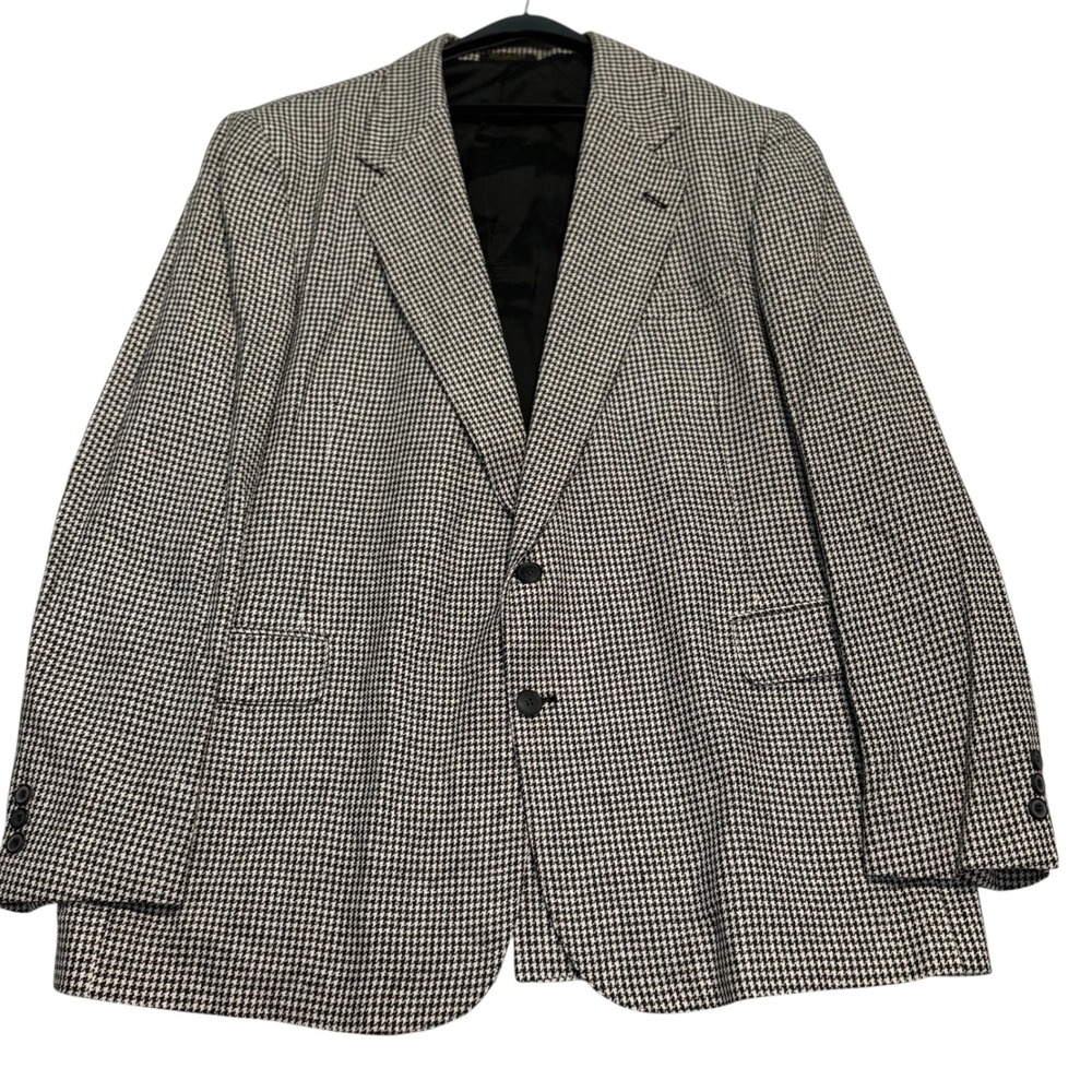 Mens Sport Coat Houndstooth 100% Pure Silk Size 48L Black White Single Vented